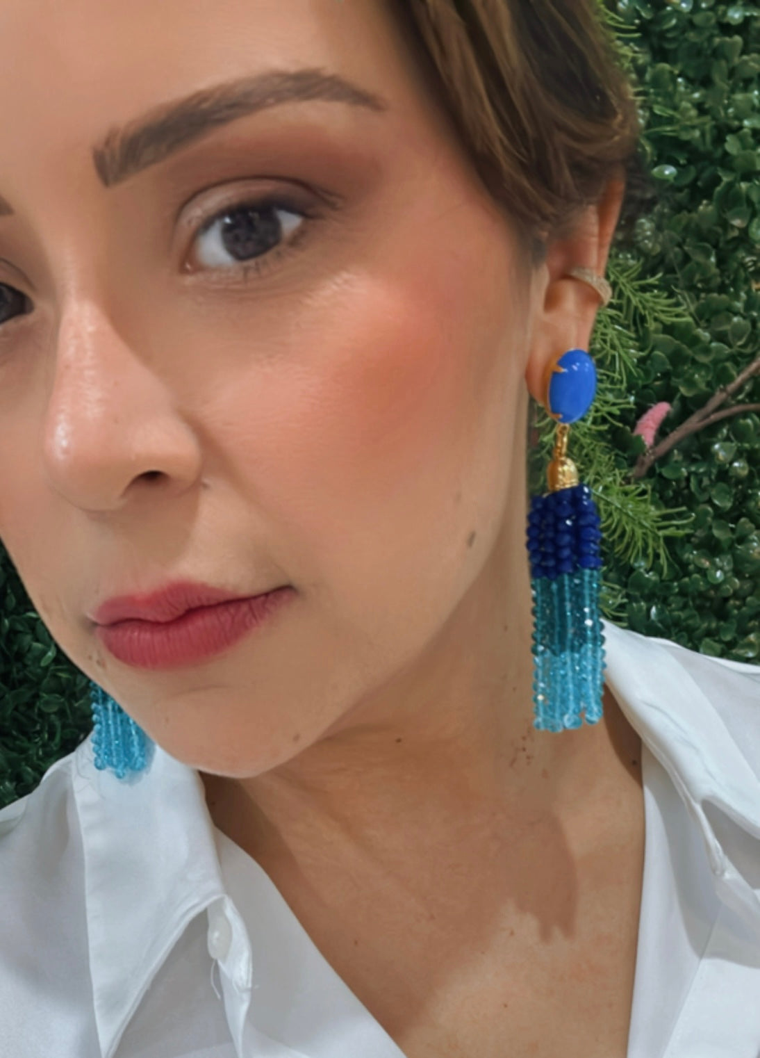 Summer Vibes - tassel earrings with gradient blues hand beaded and blue studs.