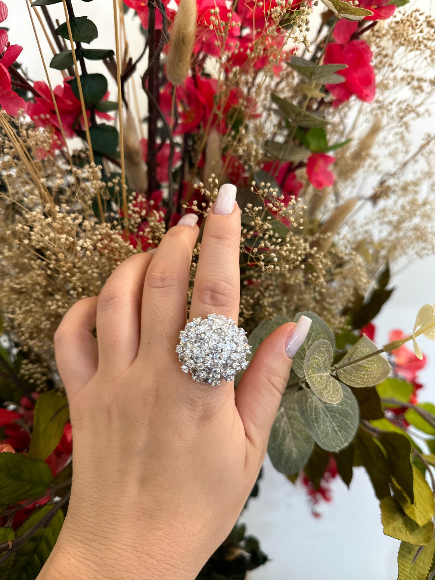 Meteor Shower Statement Ring - large circular design, adorned with sparkling zirconias