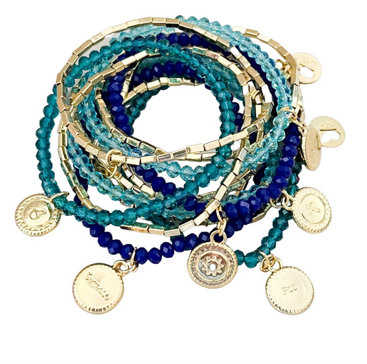 Summer Blue - Set with 12 beads bracelets with charms.