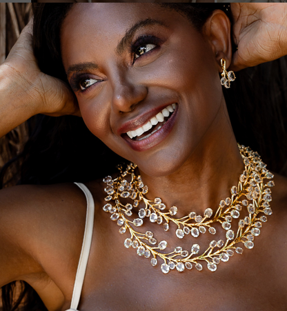 Africa Set - Necklace and Earrings braided polished metal with 18k gold plating and stones