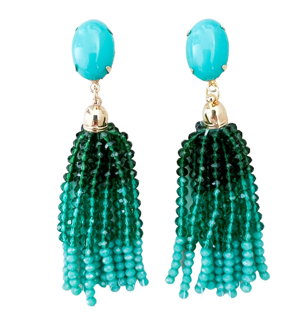 Summer Vibes - tassel earrings with gradient blues hand beaded and blue studs.