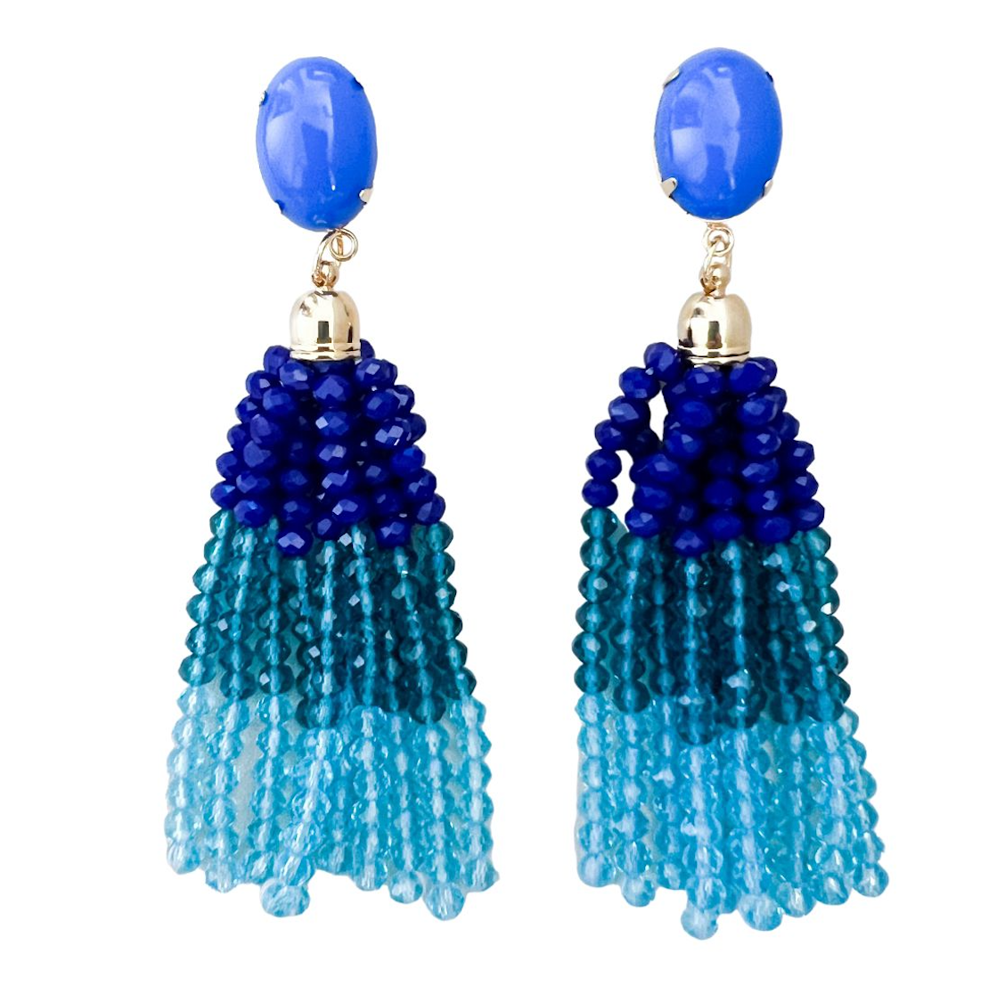 Summer Vibes - tassel earrings with gradient blues hand beaded and blue studs.