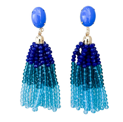 Summer Vibes - tassel earrings with gradient blues hand beaded and blue studs.