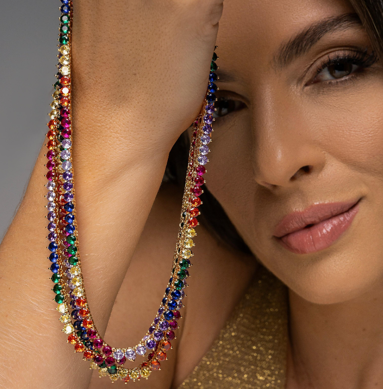 Genesis - Gold necklace with rainbow zirconia riviera